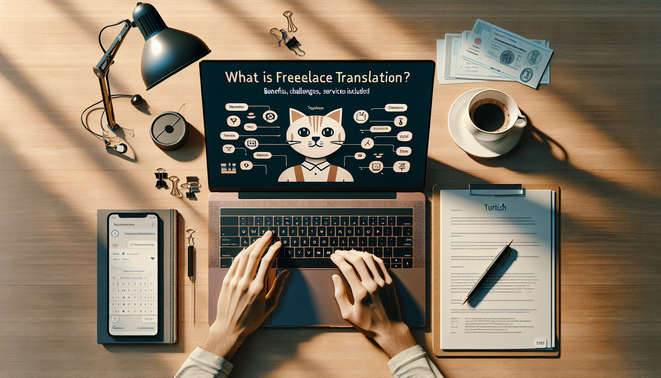Dizüstü bilgisayar başında freelance çevirmen, ekranında iki dilli çeviri ve çalışma belgeleri.