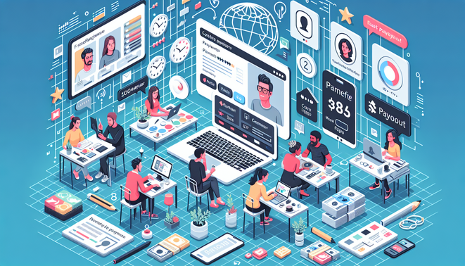 Freelancerlar, komisyon grafiği, ödeme ve güven ikonlarıyla platform karşılaştırması.